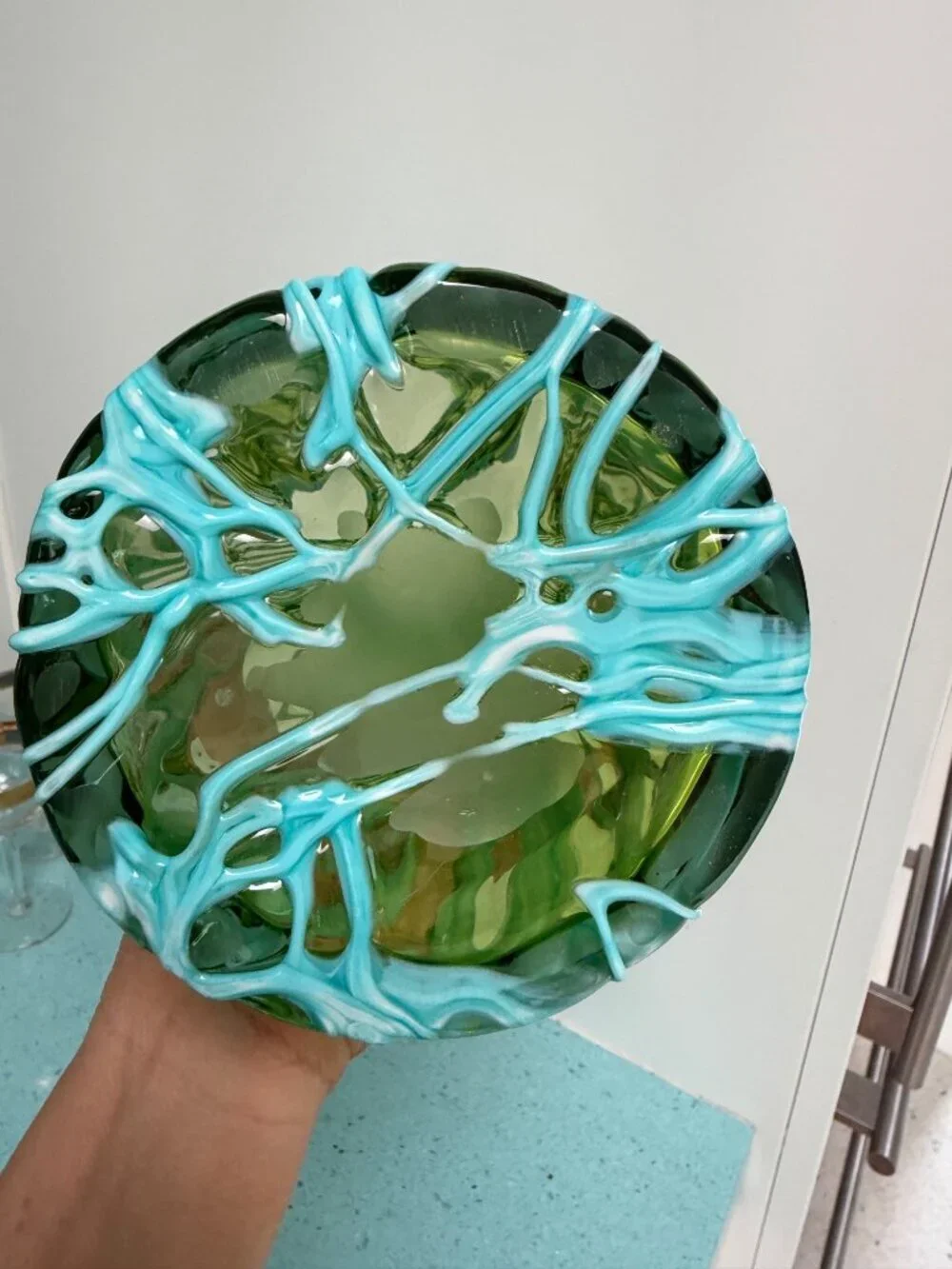 Murano Handblown Translucent Vase With Melted Threads Green Aqua Vintage